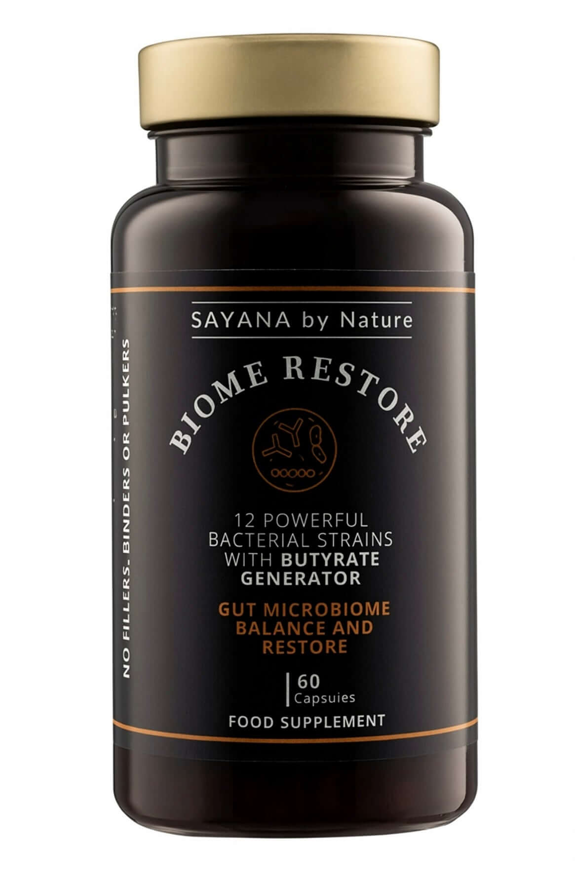 Supplement bottle labeled  Biome Restore - probiotic for gut health