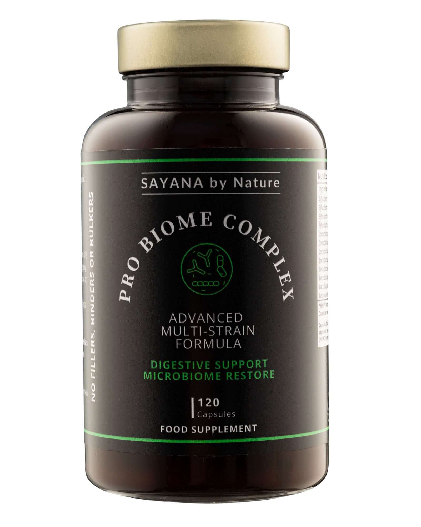 Sayana by Nature Pro Biome Complex probiotic supplement bottle for digestive health and immune support